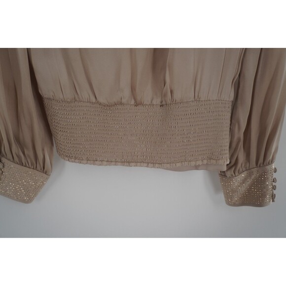 White House Black Market Beige Embellished Long Sleeve Keyhole silk Blouse Sz 6 - Picture 6 of 12
